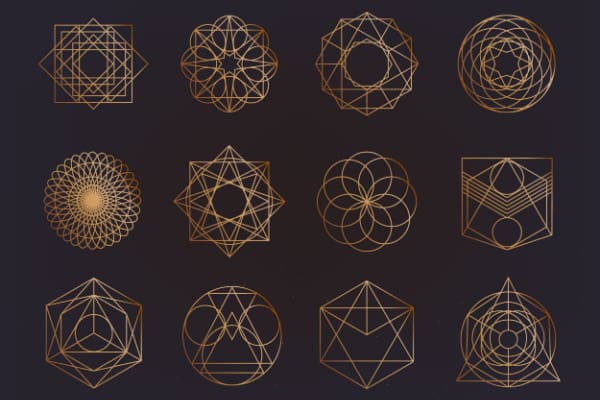 A collection of golden geometric shapes on black.